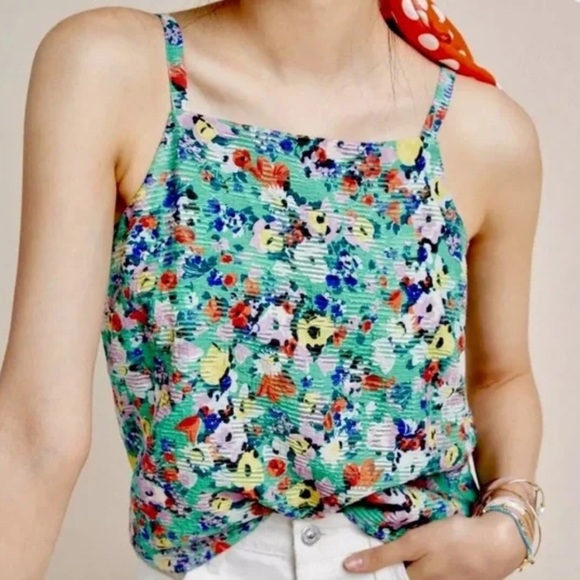 Maeve by Anthropologie Quinn Green Multicolor Floral Textured Top Women's Size 0 - Picture 1 of 11